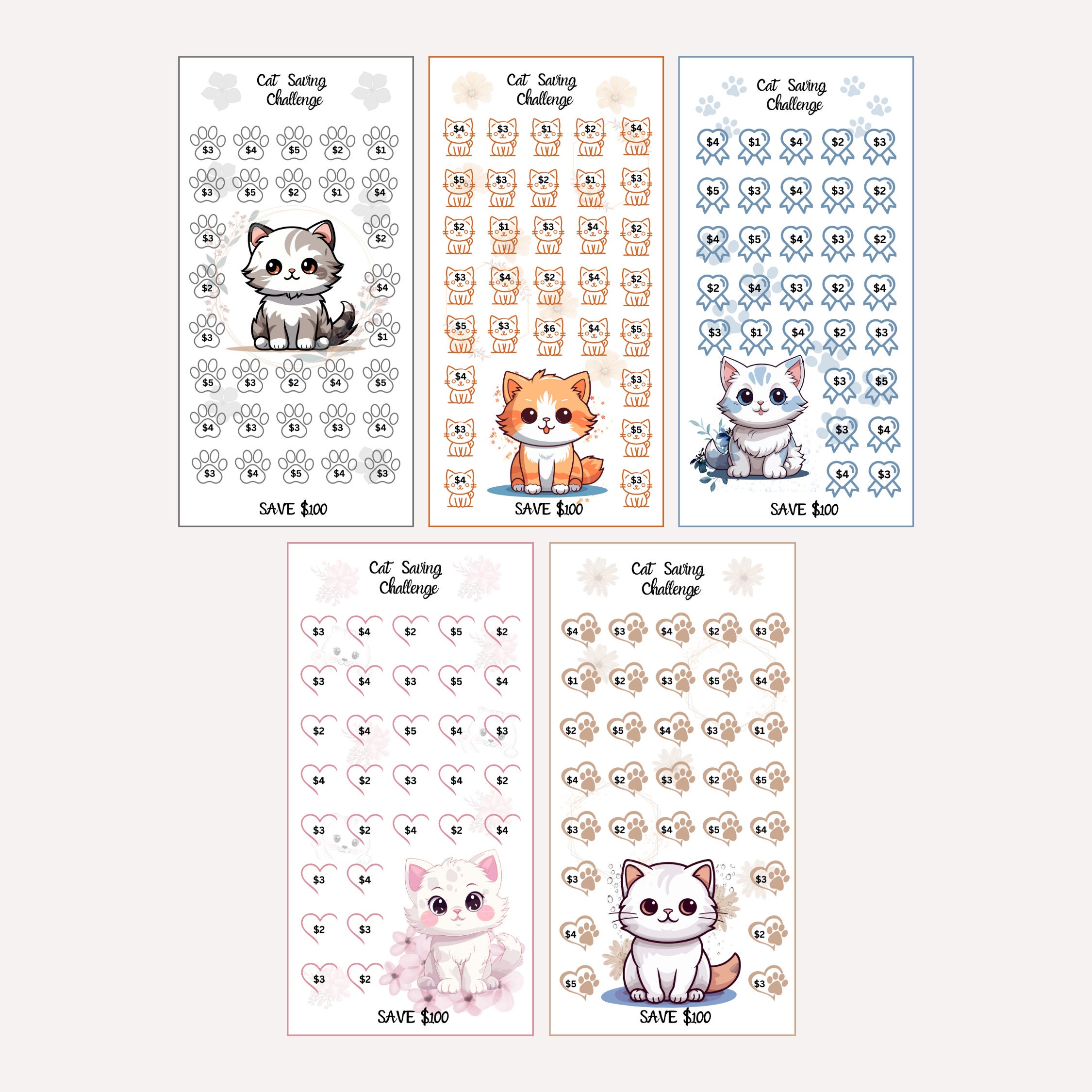 Cats Saving Challenge Printable, Mini Cat A6 Size Saving Challenge
