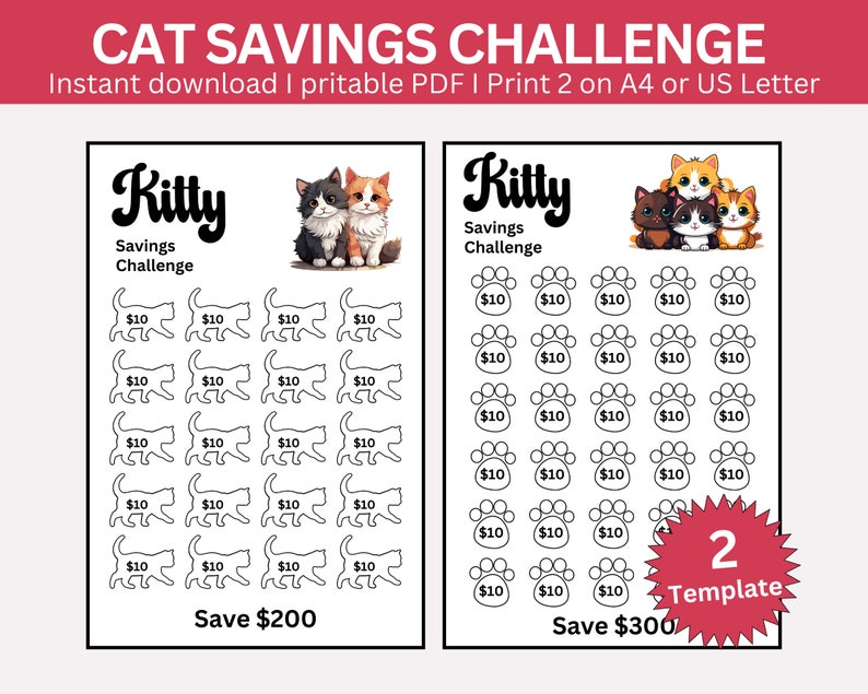 Kitty Cats Savings Challenge Printable, Mini Kitty A6 Size Saving