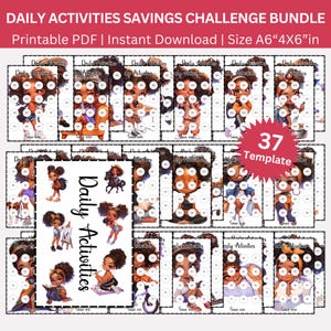 Daily Activities Black Girl Savings Challenge Printable Bundle, Black Woman Budget Binder Saving Challenges, A6 Money Tracker for Girls PDF