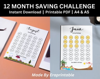 Monatliche Ersparnis-Challenge, druckbares monatliches Budget, 12-monatige Ersparnis-Challenge-Sammelmappe, Umschlag-Challenges, Farbe und Bargeldbudget sparen