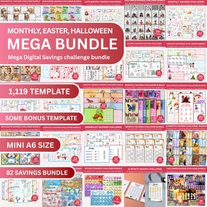 Può includere: Una collezione di pacchetti di sfide di risparmio digitali con temi come Pasqua, Halloween e sfide mensili. L'immagine include il testo "MONTHLY, EASTER, HALLOWEEN MEGA BUNDLE" e "1,119 TEMPLATE".