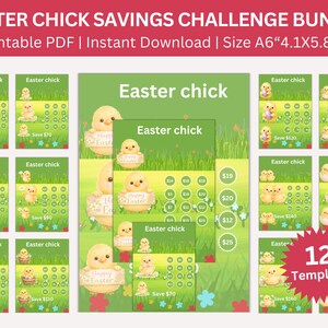 May include: A bundle of 12 printable Easter chick savings challenge templates. Each template features a cute yellow chick design on a green background. The size is A6, measuring 4.1 x 5.8 inches. The bundle includes instant download PDF files.