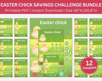 May include: A bundle of 12 printable Easter chick savings challenge templates. Each template features a cute yellow chick design on a green background. The size is A6, measuring 4.1 x 5.8 inches. The bundle includes instant download PDF files.