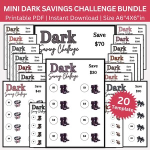Op de afbeelding: Een bundel afdrukbare PDF-spaaruitdagingen met een donker thema. De tekst bevat "Dark Saving Challenge" en verschillende bedragen om te sparen, zoals €30, €70 en €90. De grootte is A6, 10,5 cm x 14,8 cm.