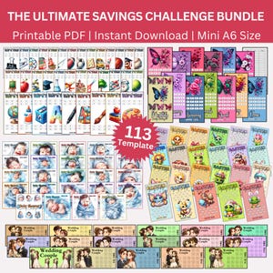May include: A digital download of 113 printable savings challenge templates in mini A6 size. The templates feature various themes including baby shower, wedding, Easter, and back to school. The templates are designed to help people save money.