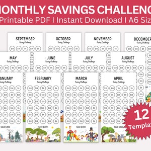 12 Month Savings Challenge Printable, Monthly Saving Challenge Bundle, Money Saving Tracker, A6 Mini Saving Challenge Printable