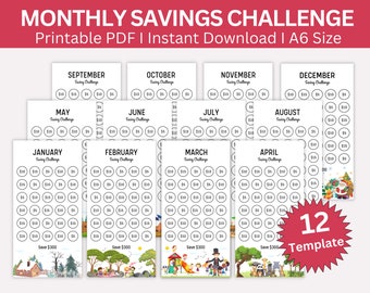 12-Month Savings Challenge Printable: Monthly Tracker Bundle (Digital Download)