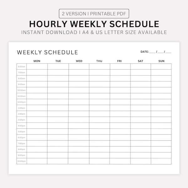 Hourly Weekly Schedule Landscape Printable, Weekly Planner Printable, Week At a Glance, Weekly Agenda, Weekly To Do List, A4/Letter