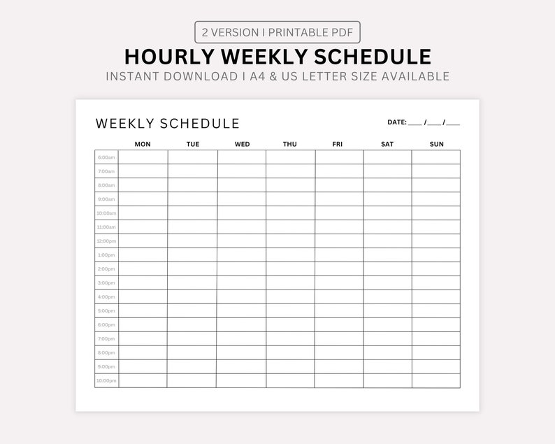 Hourly Weekly Schedule Landscape Printable, Weekly Planner Printable ...