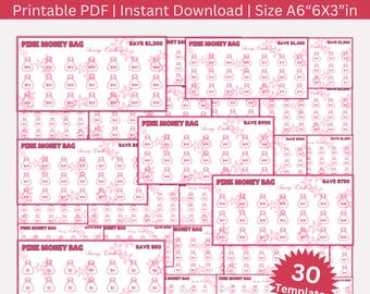 May include: A printable pink savings challenge bundle with 30 templates. Each template features a pink money bag with a pink floral pattern and a dollar amount to save. The bundle includes templates for saving $1,300, $900, $750, $600, $500, and $100.