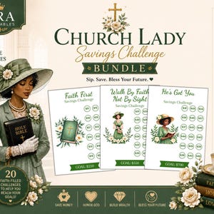 May include: A digital savings challenge bundle featuring 20 printable templates. The design includes a woman in a green hat and suit holding a Bible, floral accents, and text reading Church Lady Savings Challenge, Faith First, and He's Got You.