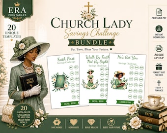 May include: A digital savings challenge bundle featuring 20 printable templates. The design includes a woman in a green hat and suit holding a Bible, floral accents, and text reading Church Lady Savings Challenge, Faith First, and He's Got You.