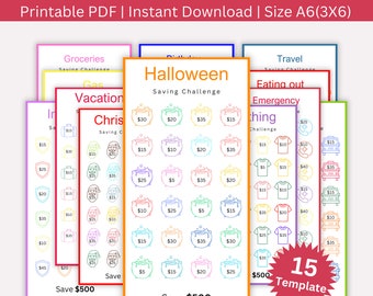 Ersparnis-Challenge druckbar, Geldspar-Tracker-Bundle, Budgetbinder, Umschlag-Heraussagen, Mini-Ersparnis-Tracker für A6-Größe, 15er-Set