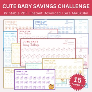 May include: A set of 15 printable baby savings challenge charts in various colors. Each chart features a different baby-themed design, such as footprints, baby clothes, and a baby carriage. The charts are designed to help parents track their baby's savings goals.