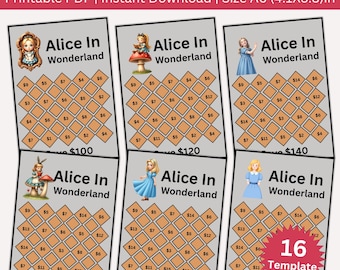 Alice in Wonderland Savings Challenge Bundle Printable, A6 Cash Stuffing Saving Tracker, 16 Fantasy Money Challenge Template, Budget Planner