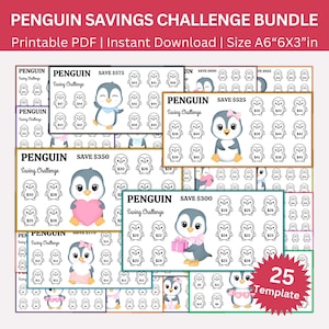 Può includere: Un set di 25 grafici di sfida di risparmio di pinguini stampabili. Ogni grafico presenta una simpatica illustrazione di pinguino e un importo da risparmiare. I grafici sono progettati per aiutare le persone a tenere traccia dei loro progressi di risparmio.