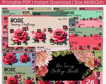 May include: A printable PDF bundle of 26 rose-themed savings challenge templates. Each template features a different rose design and a grid for tracking savings goals. The text "Rose Saving Challenge Bundle" is displayed in a black banner with a floral design.