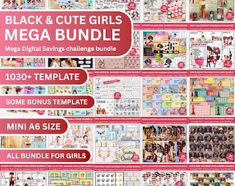 May include: A digital mega bundle titled "Black & Cute Girls" with over 1030 templates, including bonus templates. The bundle is for girls and includes various savings challenges in mini A6 size. The image features a variety of colorful digital designs.