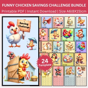 May include: A bundle of 24 printable PDF templates for a funny chicken savings challenge. The image features cartoon chickens in various scenarios, with the text "Saving Challenge" and "Cluck Off!" on the design. The size is A6, which is approximately 3.15 x 5.91 inches.