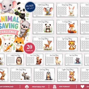 Puede incluir: Un conjunto de 20 plantillas imprimibles de retos de ahorro con temática animal en tamaño A6. Cada tarjeta presenta una ilustración de animal de dibujos animados, una cuadrícula de círculos para el seguimiento y una línea de meta. Texto: Animal Saving Challenge.