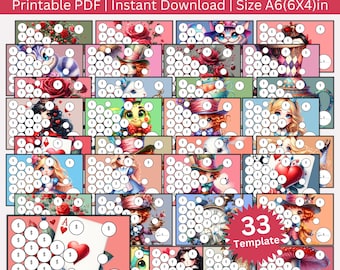 May include: A collection of 33 printable PDF templates with an Alice in Wonderland theme. Each template features a unique design with illustrations of characters and objects from the story, and a grid of circles for savings tracking. The text "MINI WONDERLAND SAVINGS CHALLENGE BUNDLE" is at the top.