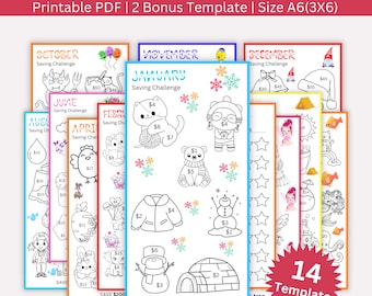 May include: A printable monthly saving challenge bundle with 14 different templates. Each template features a different theme, such as a cat, a snowman, or a fairy. The templates are designed to help people save money each month. The bundle includes 2 bonus templates. The templates are sized A6 (3x6).