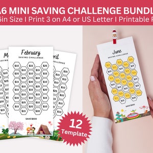 MINI 12-Month Savings Challenge, Monthly Savings Tracker, Mini A6 Fits Size Money Saving Challenge Bundle & Cash Envelopes