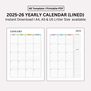 Calendario mensual 2025, 2026 para imprimir, con fecha en 2 páginas, vista general del mes, tamaño A4, A5, carta, media página, descarga instantánea