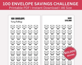 Puede incluir: Un gráfico de desafío de ahorro de 100 sobres imprimible. El gráfico está dividido en dos columnas, cada una con 10 filas de sobres. Los sobres están numerados del 2 € al 160 €. El gráfico está diseñado para ayudar a las personas a ahorrar dinero. El texto "AHORRAR 10.000 €" está escrito en rojo en la parte superior del gráfico. Un círculo rojo con el texto "10.000 € DE AHORRO" está en la esquina inferior derecha del gráfico.