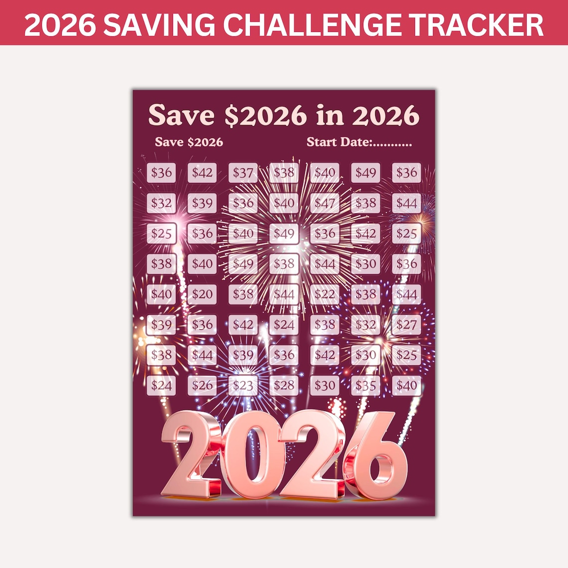 2026 Savings Challenge Printable, Save 2026 in 2026, Money Challenge ...