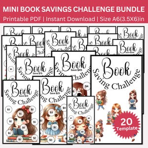 May include: A set of 20 printable book savings challenge templates. Each template features a cute cartoon girl reading a book and a grid of circles with dollar amounts. The templates are designed to help people save money for books.