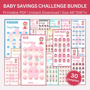May include: A set of 30 printable baby savings challenge cards. Each card features a different baby item, such as a car seat, walker, or bib, and has a grid of 30 spaces to track savings. The cards are pink and white with cute illustrations of babies.