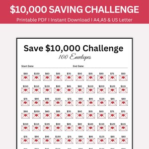 10k Savings Challenge Printable, 10000 Saving Challenge, 10 000 savings challenge, 100 Envelope Challenge US/A4/A5, Instant Download