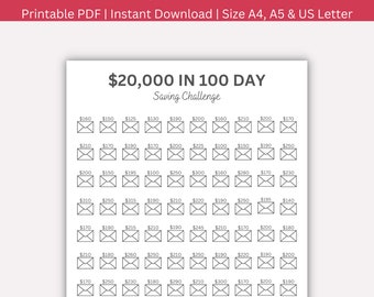 20k Savings Challenge Printable: 100 Envelope Tracker (Digital Download)