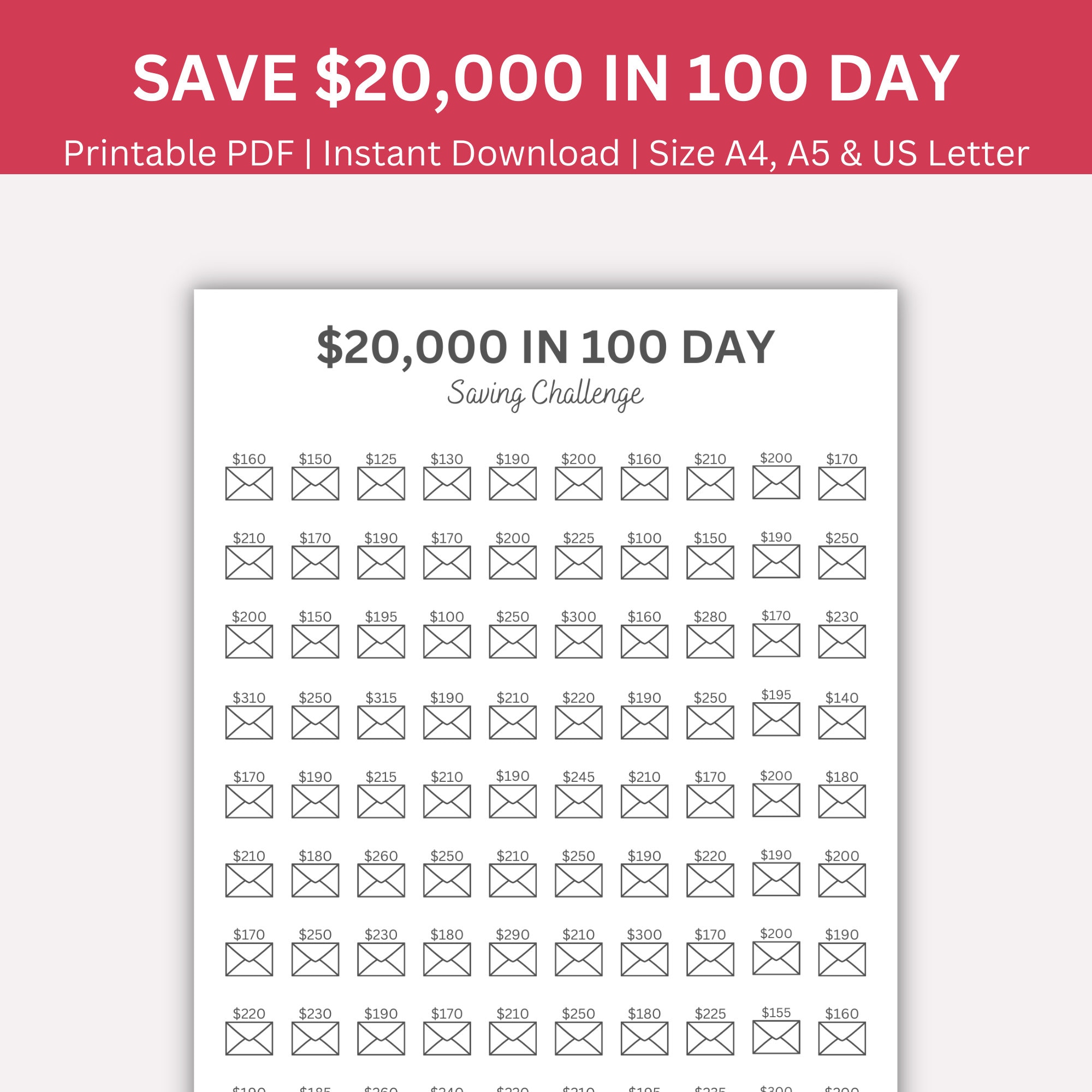 20k Savings Challenge Printable: 100 Envelope Tracker (digital