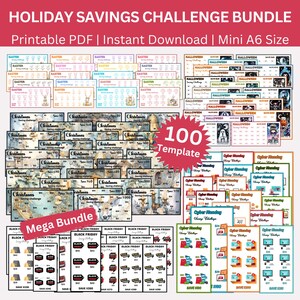 May include: A digital download bundle of 100 printable holiday savings challenge templates in mini A6 size. The bundle includes templates for Easter, Halloween, Christmas, Black Friday, and Cyber Monday. The templates feature various designs and colours, including a blue and white Christmas design, a red and black Black Friday design, and a colourful Cyber Monday design.