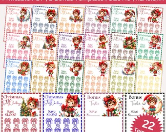 May include: A bundle of printable Christmas Elf Savings Challenge templates. The templates are A6 size (4.1x5.8 inches) and feature illustrations of elves and gift boxes. Includes bonus templates for saving.