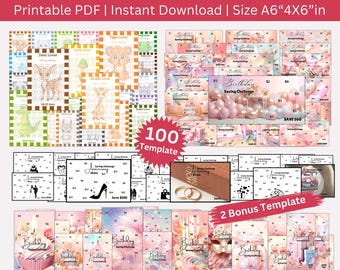 May include: A set of 100 printable saving challenge templates in PDF format. The templates feature various themes, including birthday, love, and animals. The templates are designed to help people save money and reach their financial goals. The templates are 4x6 inches in size.