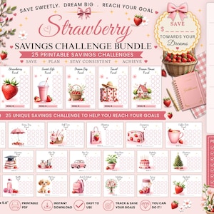 Può includere: Un pacchetto di sfide di risparmio a tema fragola con 25 modelli stampabili e illustrazioni rosa e rosse. Il testo include 'Strawberry Savings Challenge Bundle', 'Save Sweetly. Dream Big. Reach Your Goal' e 'A6 Size 10,4 cm x 14,7 cm & 14,7 cm x 10,4 cm'.