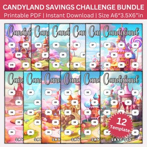 May include: A bundle of 12 Candyland-themed savings challenge templates. Each template features a colorful Candyland landscape with various amounts to save. The text "CANDYLAND SAVINGS CHALLENGE BUNDLE" is at the top.