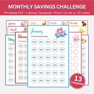 Monthly Savings Challenge Printable, 12 Month Color Saving Tracker Bundle, Money Savings Tracker Bundle, Budget Binder, Envelope Challenges
