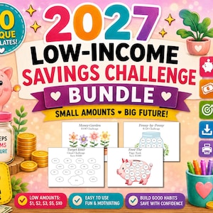 May include: A 2027 low-income savings challenge bundle featuring a pink piggy bank, a glass jar, and four printable templates. The text reads 2027 LOW-INCOME SAVINGS CHALLENGE BUNDLE, SMALL AMOUNTS BIG FUTURE, and A6 SIZE 5.8 X 4.1 INCHES.