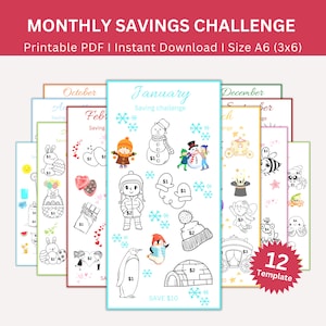 Monthly Savings Challenge, 12 Month Savings Challenge Printable, Money Saving Tracker, A6 Mini Saving Challenge Printable, Set Of 12