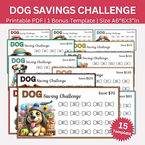 Dog Themed Savings Challenge Printable, Mini A6 Puppy Saving Challenges, Pets Money Savings Tracker, Pow Cash Envelopes, Dogs Budget Binder