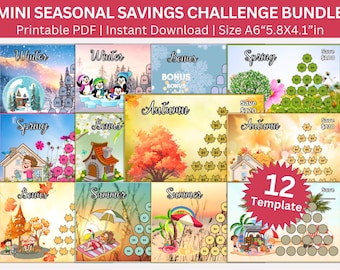 Seasonal Saving Challenge Printable Bundle, Vacation  Money Saving Envelopes Challenges, Winter, Spring, Summer, Autumn Fun Budget Trackers