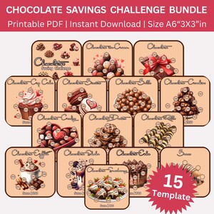 Utskrivbart paket med chokladsparutmaning, chokladsparkuvertutmaningar, pengaspåminnelse, söt chokladbudgetpärmplanerare