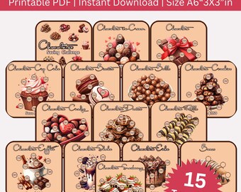 May include: A set of 15 printable chocolate savings challenge cards. Each card features a different chocolate treat, such as ice cream, cupcakes, donuts, and cookies. The cards are designed to help people save money by tracking their progress towards their chocolate goals.