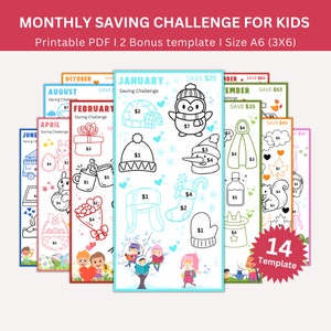 Könnte beinhalten: Ein Satz druckbarer monatlicher Spar-Challenge-Vorlagen für Kinder. Jede Vorlage enthält thematische Illustrationen und Sparziele. Die Vorlagen enthalten Bilder eines Pinguins, Schneemanns und anderer saisonaler Bilder. Der Text auf den Vorlagen enthält die Worte "Monthly Saving Challenge for Kids".