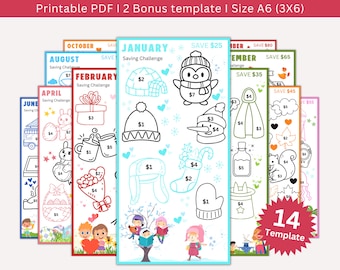 Monatliche Kinder-Spar-Challenges, Kinder Geldspar-Challenge, Kids Budget Printable, Bargeld-Umschlag für Kinder, Mini A6 Kids Spar-Tracker