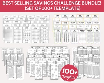 Puede incluir: Un conjunto de más de 100 plantillas de desafío de ahorro imprimibles. Las plantillas presentan diferentes diseños, incluidos círculos, flores y cuadrículas. El texto "BEST SELLING SAVINGS CHALLENGE BUNDLE! (SET OF 100+ TEEMPLATE)" está en la parte superior de la imagen.
